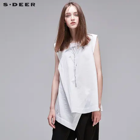 sdeer圣迪奥2019夏装宽松拼接不规则阔摆印花无袖衬衫女S17280663图片