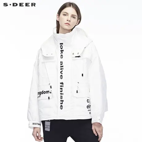 sdeer圣迪奥贴袋造型英文字母装饰抽绳高领连帽羽绒服S18482470图片