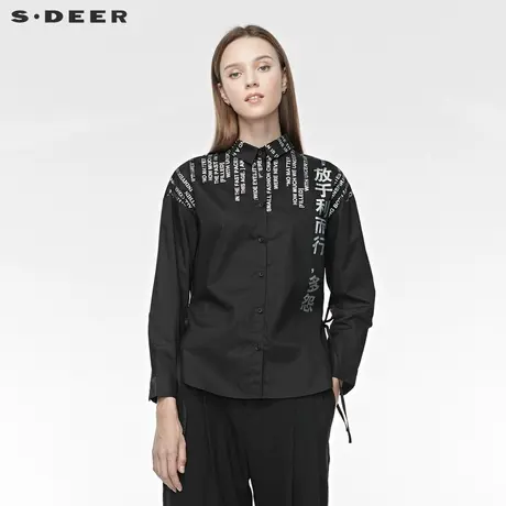 sdeer圣迪奥个性翻领字母印花绑带暗褶黑色长袖衬衫S19480527图片