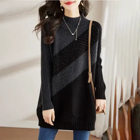 2023秋冬新款毛衣女黑色大码装胖mm休闲上衣烫钻拼色洋气针织衫潮图片