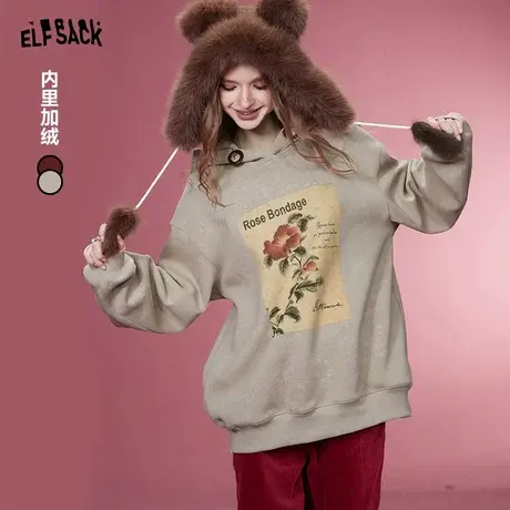 妖精的口袋连帽套头加绒卫衣女2023冬季新款美式复古圣诞长袖上衣商品大图