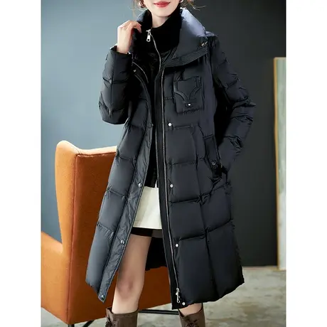 宝诗黎立领收腰长款过膝鹅绒羽绒服2023冬季新款纯色宽松休闲外套图片