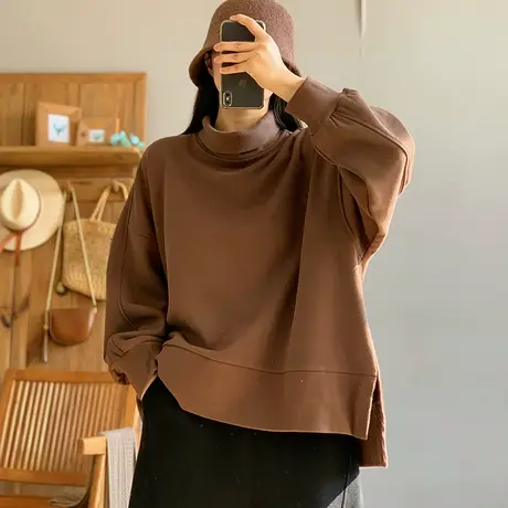 dza 复古纯色半高圆领开叉加绒卫衣女冬前短后长休闲宽松长袖外套图片