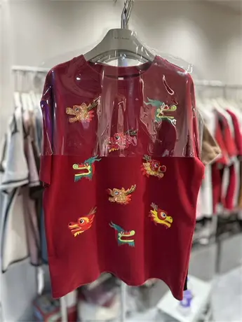 2024新春款磨毛半袖上衣国潮本命年红龙宽松大版短袖T恤打底衫女商品大图