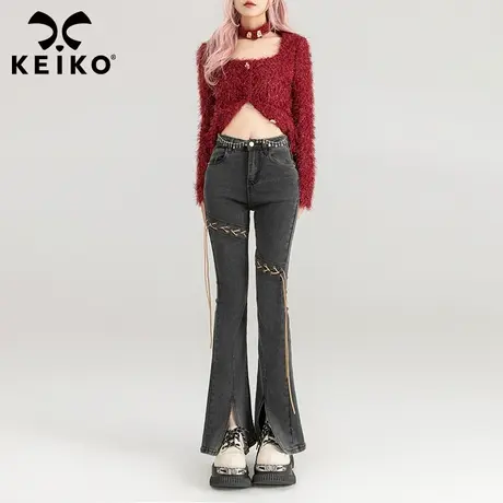 KEIKO 小众绑带微喇牛仔裤24春夏甜辣妹高腰显瘦开叉喇叭烟管裤子商品大图