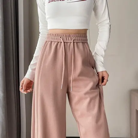 粉色高腰休闲裤女2024年早春新款垂感宽松显瘦阔腿抽绳香蕉运动裤商品大图