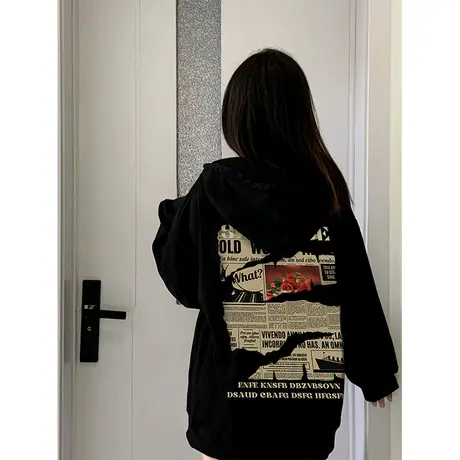 设计感小众连帽卫衣女秋冬加绒加厚ins潮牌国潮高街宽松大码外套商品大图