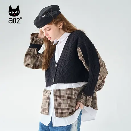 【Fuzzy style】a02针织衬衫两件套2023秋季潮流遮肉显瘦毛衣外套图片