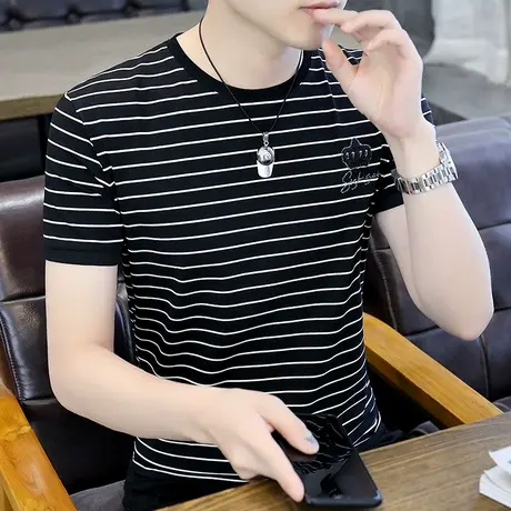 夏季男短袖t恤潮流休闲纯棉条纹刺绣上衣服2023新款半袖体恤男装T商品大图