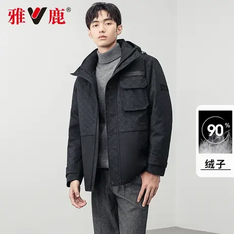 雅鹿拼色羽绒服男士短款潮流工装连帽2024年新款轻奢品牌时尚外套商品大图