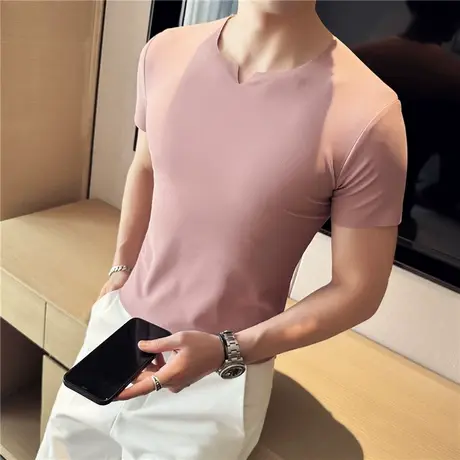 冰丝薄款华夫格弹力无痕T恤男短袖夏天显白樱花粉腔调小V领打底衫商品大图