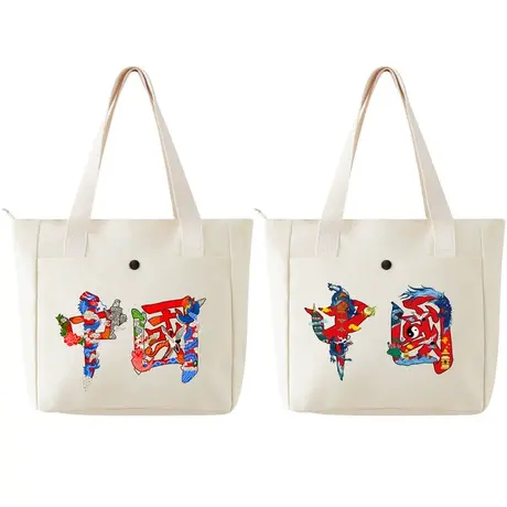 中国文字国潮爱国中国红仙鹤龙年图腾单肩包帆布包手提包托特包女商品大图