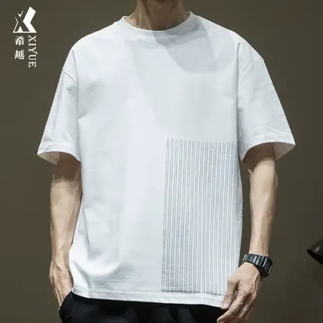 希越索罗娜短袖T恤男美式条纹上衣夏季宽松大码休闲男士透气体恤商品大图