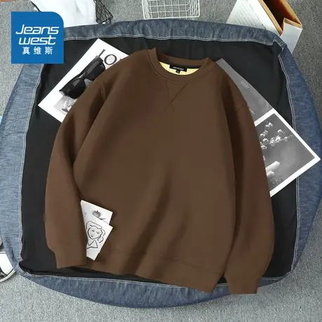 JR真维斯男装简约圆领保暖休闲上衣冬季青年纯色加绒套头衫卫衣男商品大图