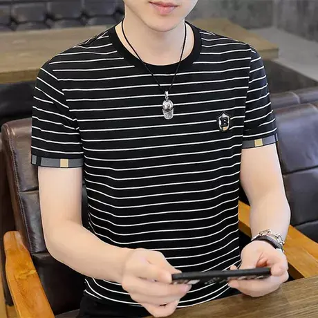 男士短袖t恤夏季新款高端圆领条纹体恤衫休闲潮牌半袖上衣服薄款T商品大图