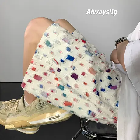 彩色破洞做旧磨破运动休闲短裤男夏季新款潮流宽松阔腿五分裤子5商品大图