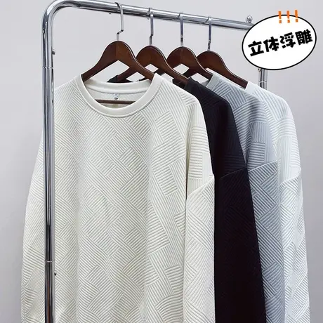 秋冬季套头圆领卫衣男潮牌2023新款浮雕长袖宽松纯色高级感打底衫商品大图