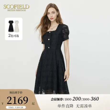 Scofield通勤方领泡泡袖连衣裙优雅收腰小黑裙女装2023年夏季新款图片