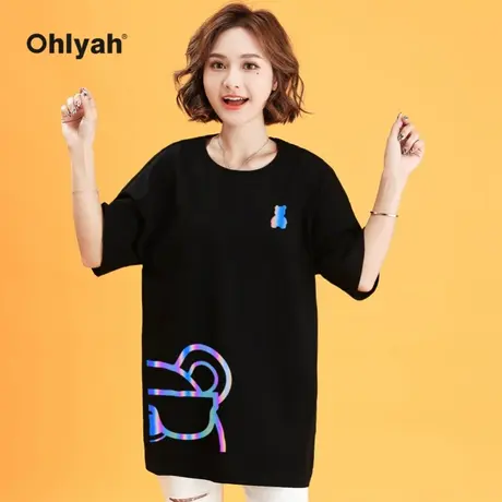 Ohlyah品牌 t恤女短袖反光炸街小熊情侣装潮牌圆领中长款黑色上衣商品大图