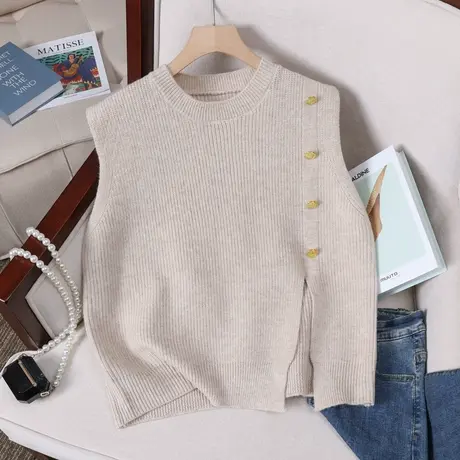 单边开叉金属扣针织背心2023早春新款圆领纯色马甲女短款叠穿坎肩图片