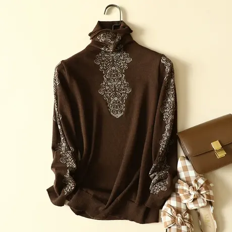 秋冬新款堆堆高领提花套头毛衣女士洋气显瘦打底衫内搭弹力针织衫商品大图