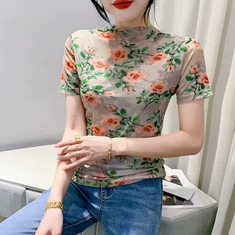 气质印花短袖雪纺衫女士夏装新款减龄漂亮网纱上衣修身半高领小衫商品大图