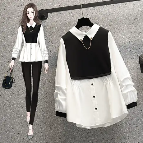 拼色长袖雪纺衬衫女装春秋装2023年潮早秋季初秋上衣女设计感衬衣商品大图