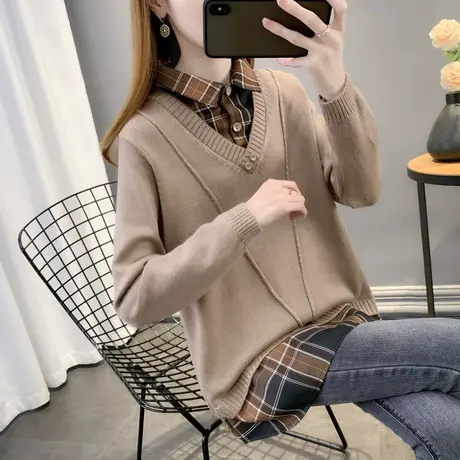 衬衫领假两件拼接宽松外穿毛衣女2023年早春新款洋气爆款针织衫女图片