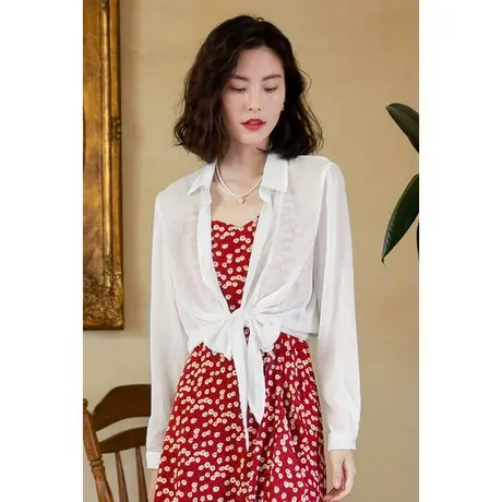 系带防晒衬衫薄款开衫外套女夏吊带裙外搭罩衫雪纺衫白色透视衬衣图片