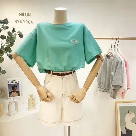 韩国东大门T恤夏季新款短款高腰上衣简约纯色休闲宽松显瘦短袖潮图片