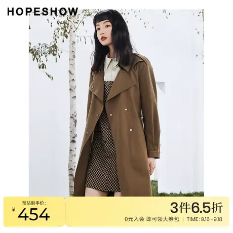 红袖outlets英伦风大衣hopeshow2023秋季新款女装系带双排扣风衣图片