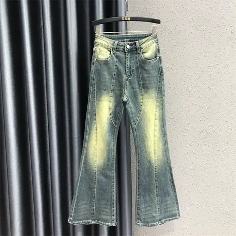 复古怀旧设计感韩版牛仔长裤女秋2023新款拼接磨白弹力显瘦微喇裤商品大图