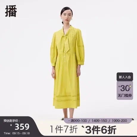 播秋季新款翻领蕾丝拼接文艺通勤系带领连衣裙女DDP4LD4747图片
