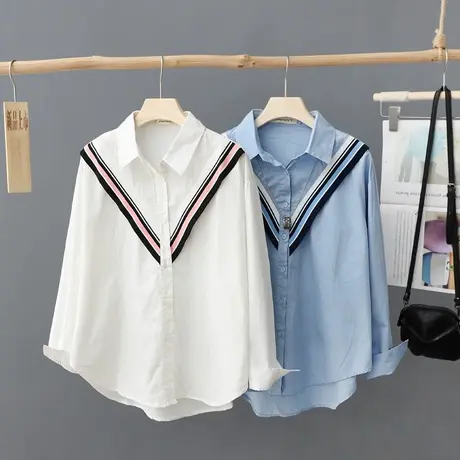 V形装饰纯棉白衬衫女2023春装新款韩版宽松长袖百搭衬衣打底上衣X商品大图