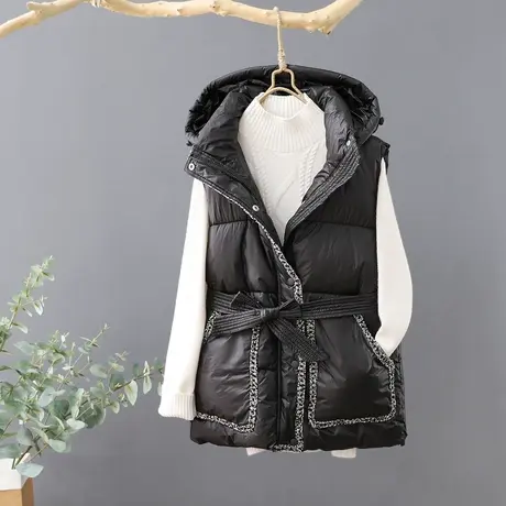 秋冬新款小香风羽绒棉马甲女短款连帽外穿腰带马甲坎肩背心外套厚图片