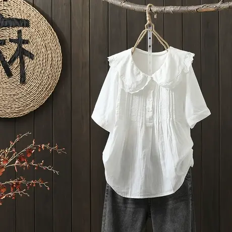 枫谜2022年夏季新款花边娃娃领短袖透气双层棉纱白色衬衫图片