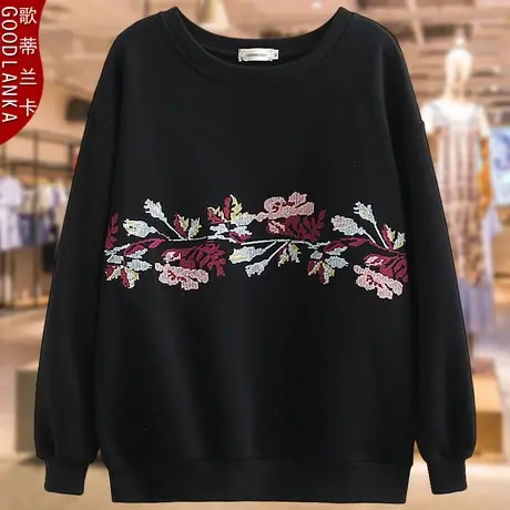 加肥加大码中年妈妈秋装卫衣女宽松洋气刺绣中老年圆领套头衫外套图片