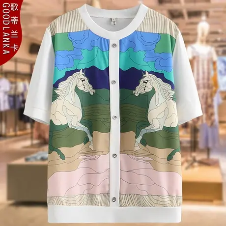 中年胖妈妈夏装2023新款加肥加大码宽松洋气印花拼接短袖T恤上衣商品大图