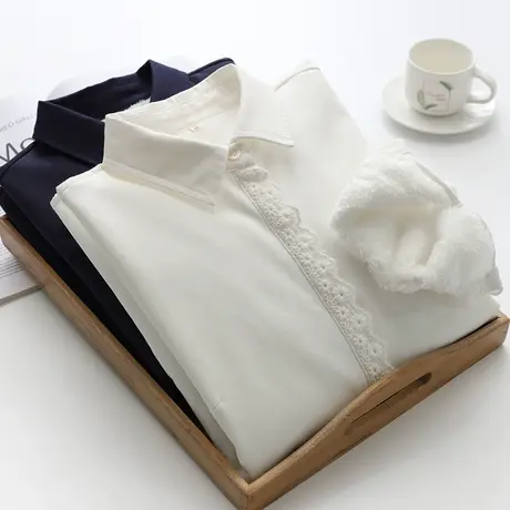 韩版加绒加厚蕾丝长袖打底衫女秋冬洋气内搭木耳花边衬衫别致上衣商品大图