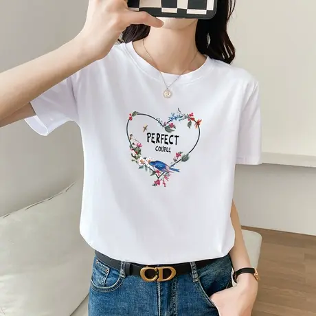 白色短袖t恤女夏装新款2022年宽松直筒基础款纯棉印花别致上衣潮商品大图