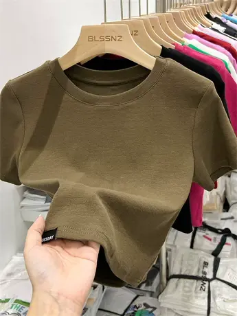 欧货短袖t恤女修身显瘦夏季2023新款洋气纯欲露脐短款上衣女半袖商品大图