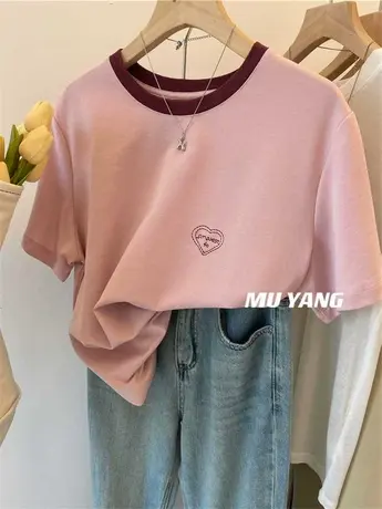 新美式 简约线条爱心短袖T恤女撞色领休闲百搭半袖上衣棉tee夏装商品大图