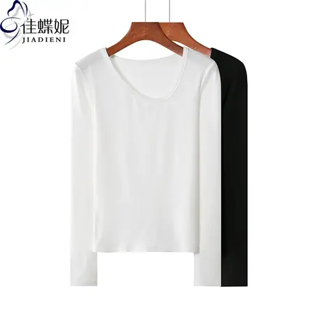早春新款韩版纯色斜圆领修身显瘦纯棉长袖体恤上衣内搭女打底衫图片