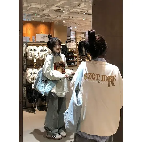 vintage设计感圆领卫衣女春秋薄款宽松慵懒风早秋季上衣潮牌无帽图片