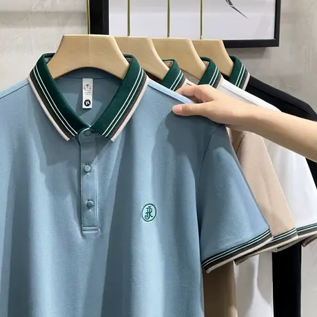 商务休闲条纹有领短袖POLO衫男2023夏季新款t恤男士刺绣翻领半袖T商品大图