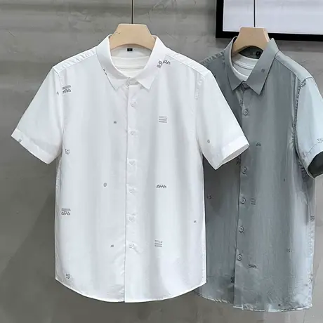 男士短袖衬衣夏季薄款修身免烫抗皱印花潮流男士休闲衬衫2023新款商品大图