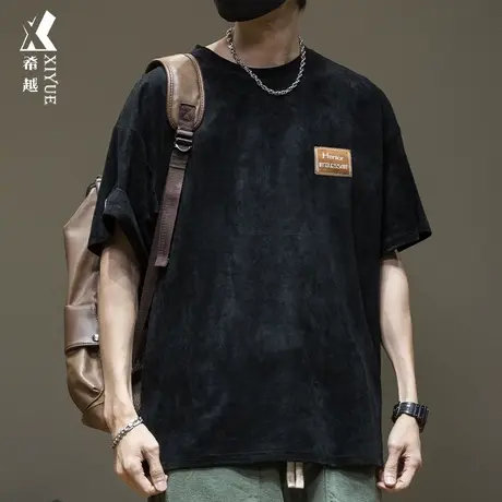 夏季麂皮绒黑体恤男三本针短袖T恤男士宽松大码美式重磅250g男款图片
