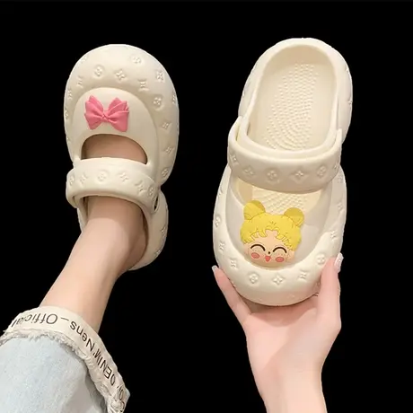 卡通洞洞鞋女外穿2023年新款春夏新款厚底一脚蹬休闲包头半凉拖鞋图片