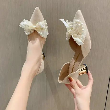 永希蝴蝶结尖头一脚蹬单鞋女春秋2023年新款性感珍珠粗跟高跟鞋女图片