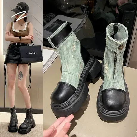 马丁靴女2023新款街拍春秋时装靴女款拼接黑色短筒靴冬英伦风短靴图片